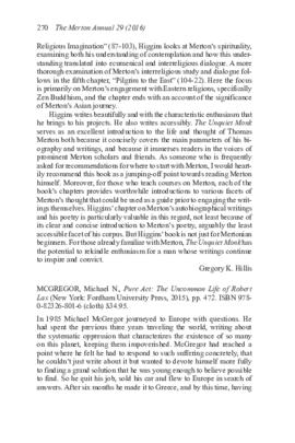 Review [ANNUAL] by (Hillis, Gregory K.) of Pure Act: The Uncommon Life of Robert Lax.. in Merton Annual 29: 270-273....