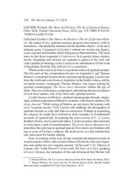 Review [The Merton Annual] by (Braun, Connie T.) of Our Heart Are Restless: The Art of Spiritual Memoir in The Merton Annual 37 (2024): 254-256.